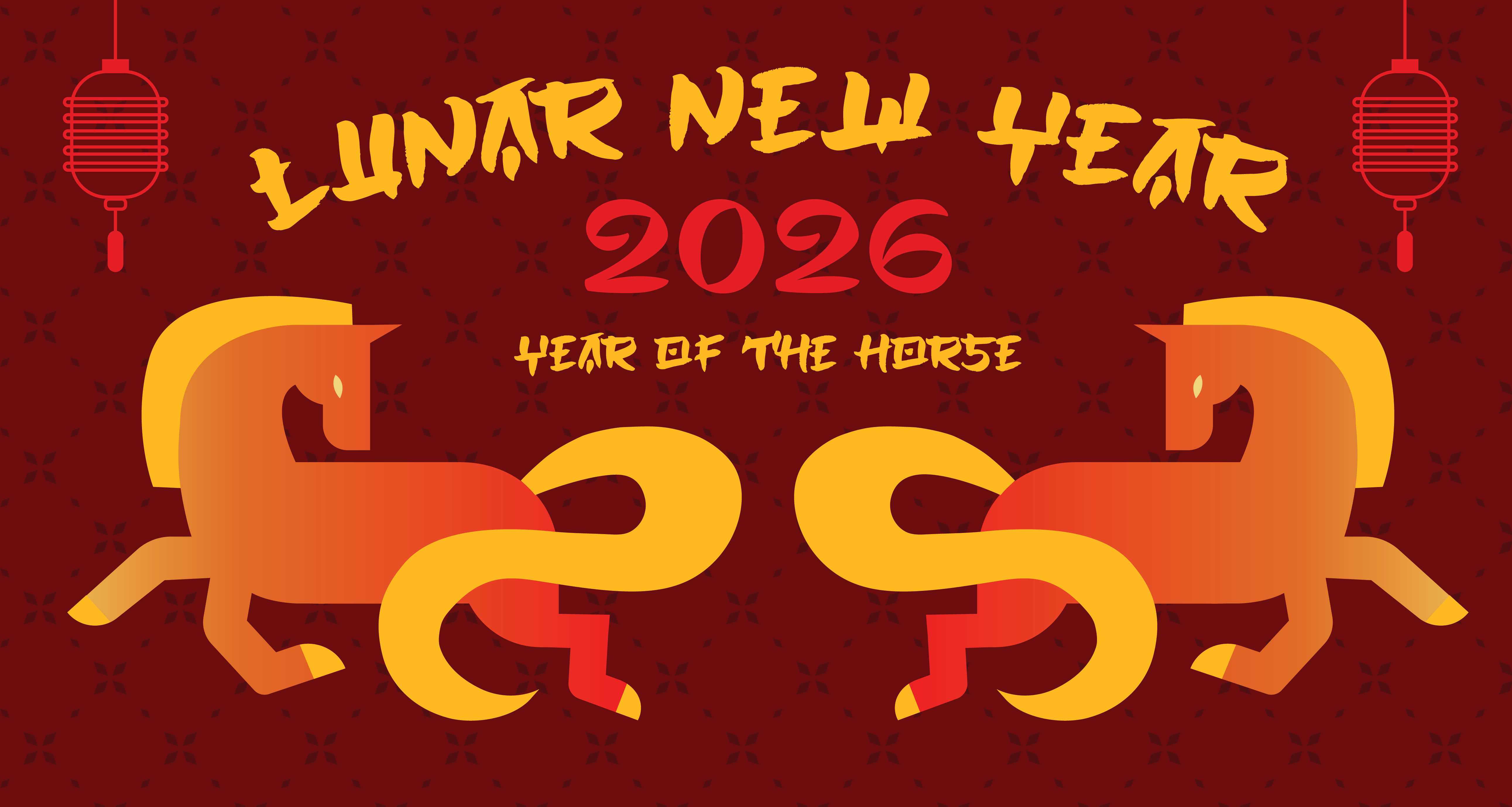 Lunar new year 2026, year of the horse. Red background with yellow text, accompanied by illustrations of horses.